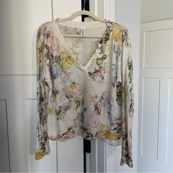 Anthropologie Floral Cream V Neck Sweater Top - Picture 2 of 5